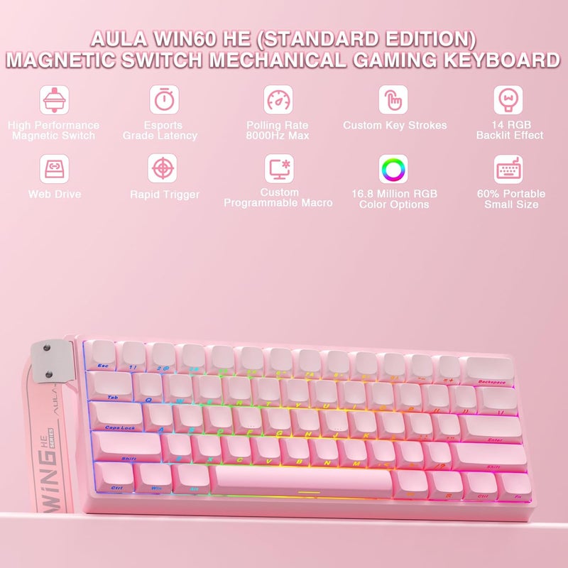 CORBOBO Aula WIN60 HE - 60% Mechanical Gaming Keyboard Wired, Hall Effect Magnetic Switch Hot Swappable,8000 Hz Polling Rate, RGB Keyboard 60 Percent Compact Design for PC (Gradient Pink) - Image 2